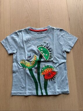 Boden Light Blue Short-Sleeve Tee with Colorful Carnivorous Plant Appliqué